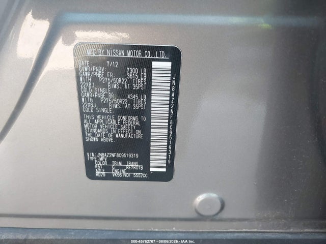 45762707 :رقم المزاد ، JN8AZ2NF8C9519319 vin ، 2012 Infiniti Qx56 مزاد بيع