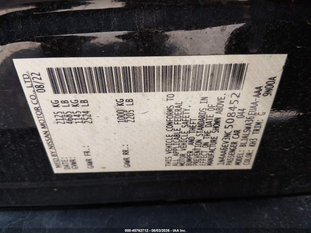 Aukcja sprzedaży 2022 Nissan Maxima Sr Xtronic Cvt, vin: 1N4AA6EV3NC508452, numer aukcji: 45762712