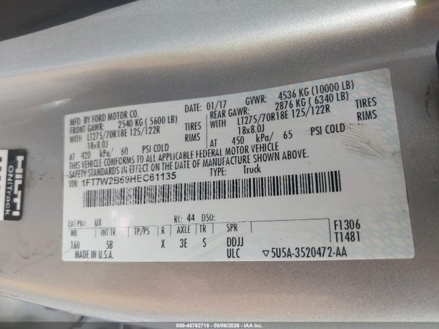 2017 Ford F-250 Lariat მანქანა იყიდება აუქციონზე, vin: 1FT7W2B69HEC61135, აუქციონის ნომერი: 45762718