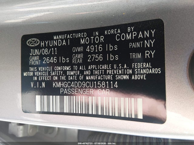 2012 Hyundai Genesis 3.8 მანქანა იყიდება აუქციონზე, vin: KMHGC4DD9CU158114, აუქციონის ნომერი: 45762723