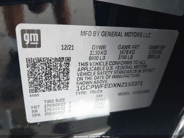 Aukcja sprzedaży 2022 Chevrolet Silverado 1500 Ltd 2wd  Short Bed High Country, vin: 1GCPWFEDXNZ153371, numer aukcji: 45762756
