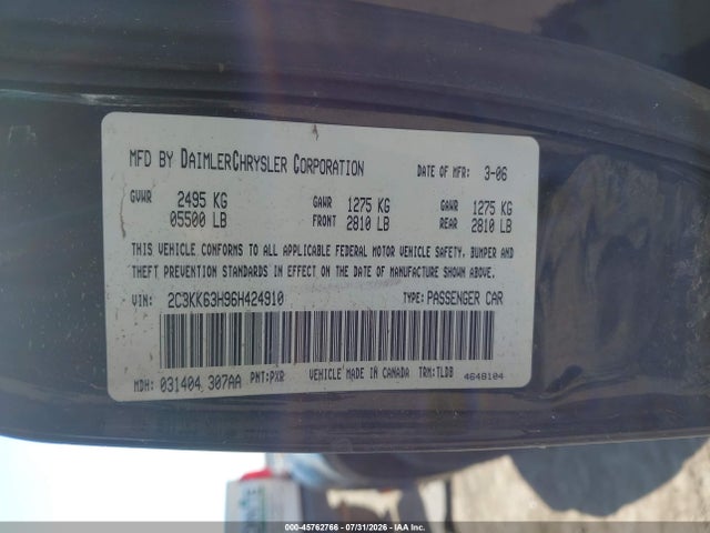 45762766 :رقم المزاد ، 2C3KK63H96H424910 vin ، 2006 Chrysler 300c مزاد بيع