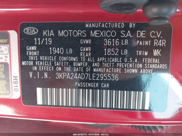 Aukcja sprzedaży 2020 Kia Rio S, vin: 3KPA24AD7LE295536, numer aukcji: 45762773