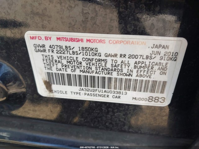 Auction sale of the 2010 Mitsubishi Lancer Es, vin: JA32U2FU1AU033813, lot number: 45762785