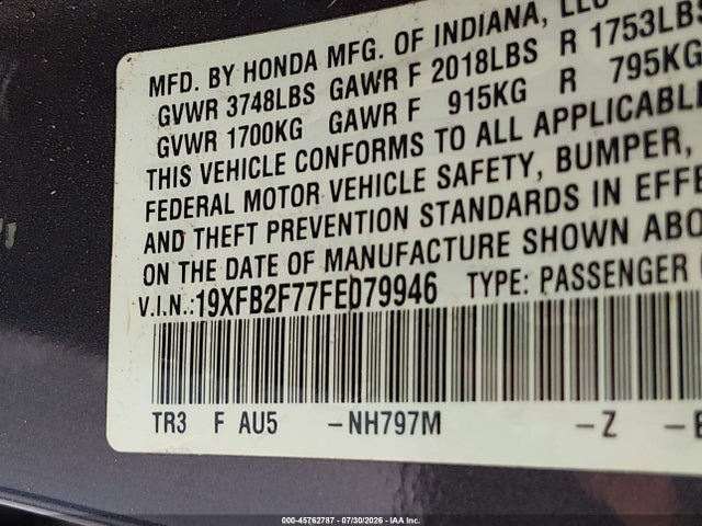 Honda CIVIC SE 2015 19XFB2F77FE079946 Image 9