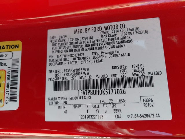 1FATP8UH0K5171026 Ford Mustang Ecoboost Premium