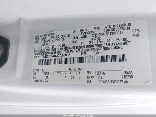 45762804 :رقم المزاد ، 1FTNE2EW8CDA16038 vin ، 2012 Ford E-250 Commercial مزاد بيع