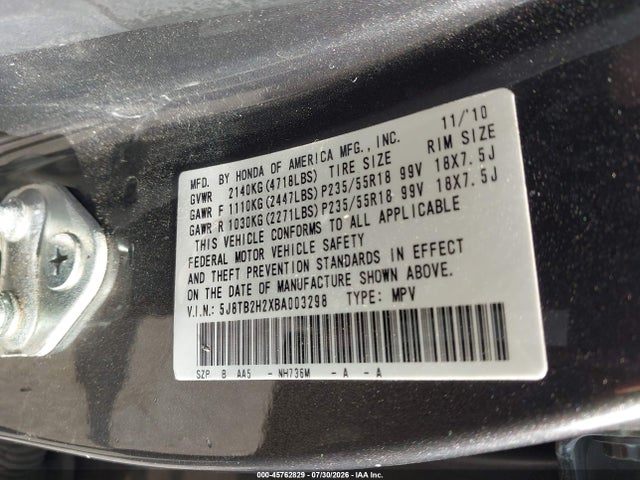 Auction sale of the 2011 Acura Rdx, vin: 5J8TB2H2XBA003298, lot number: 45762829