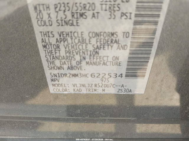 2017 Nissan Pathfinder Platinum მანქანა იყიდება აუქციონზე, vin: 5N1DR2MM3HC622534, აუქციონის ნომერი: 45762837