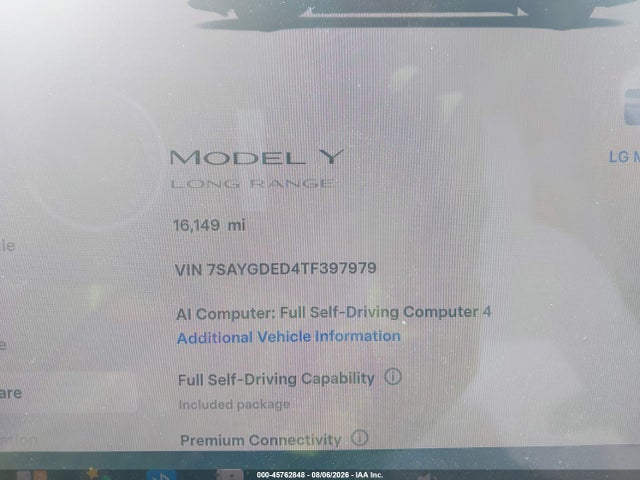 2026 Tesla Model Y Premium Rear-wheel Drive/rear-wheel Drive მანქანა იყიდება აუქციონზე, vin: 7SAYGDED4TF397979, აუქციონის ნომერი: 45762848