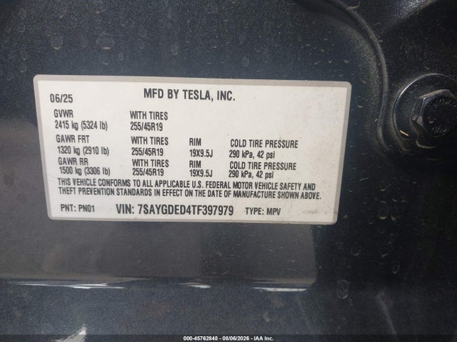 2026 Tesla Model Y Premium Rear-wheel Drive/rear-wheel Drive მანქანა იყიდება აუქციონზე, vin: 7SAYGDED4TF397979, აუქციონის ნომერი: 45762848