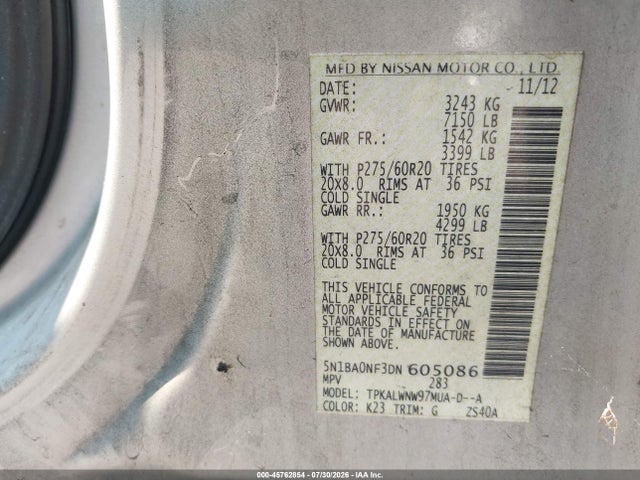 Продажа на аукционе авто 2013 Nissan Armada Platinum, vin: 5N1BA0NF3DN605086, номер лота: 45762854