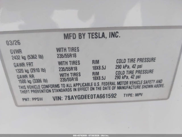 Aukcja sprzedaży 2026 Tesla Model Y All-wheel Drive/long Range Launch Series/premium All-wheel Drive, vin: 7SAYGDEE0TA661592, numer aukcji: 45762859