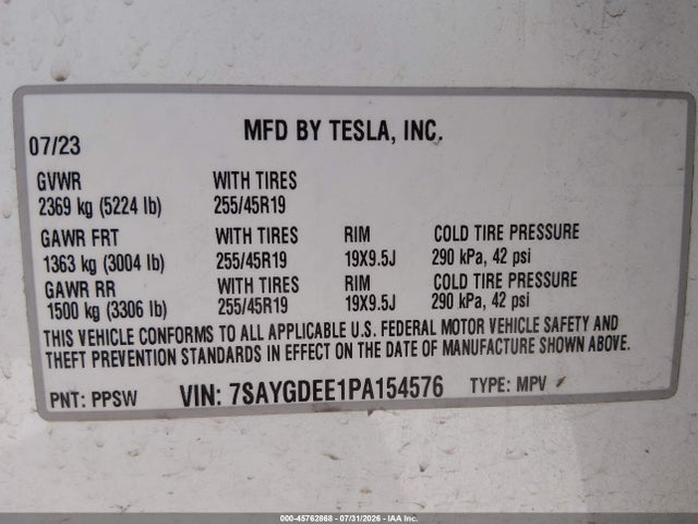 45762868 :رقم المزاد ، 7SAYGDEE1PA154576 vin ، 2023 Tesla Model Y مزاد بيع