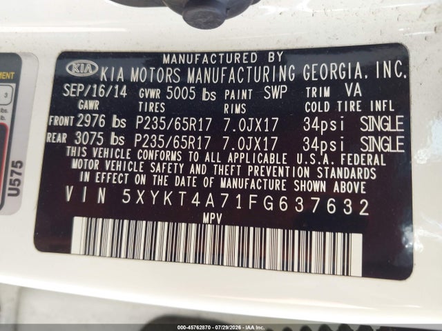 Продажа на аукционе авто 2015 Kia Sorento Lx V6, vin: 5XYKT4A71FG637632, номер лота: 45762870