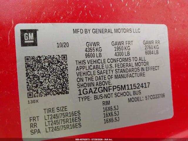 45762873 :رقم المزاد ، 1GAZGNFP5M1152417 vin ، 2021 Chevrolet Express Passenger Rwd 3500 Extended Wheelbase Ls مزاد بيع