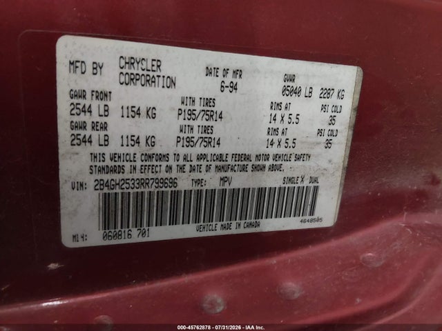 Продаж на аукціоні авто 1994 Dodge Caravan, vin: 2B4GH2533RR799696, номер лоту: 45762878