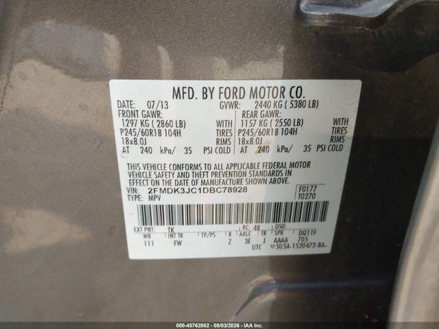 2013 Ford Edge Sel მანქანა იყიდება აუქციონზე, vin: 2FMDK3JC1DBC78928, აუქციონის ნომერი: 45762882