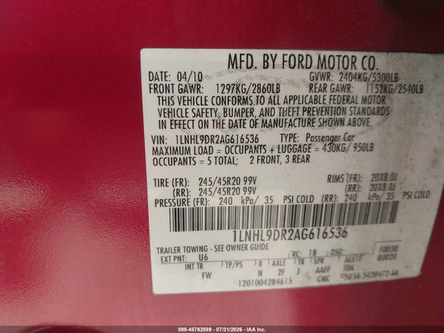 2010 Lincoln Mks მანქანა იყიდება აუქციონზე, vin: 1LNHL9DR2AG616536, აუქციონის ნომერი: 45762889