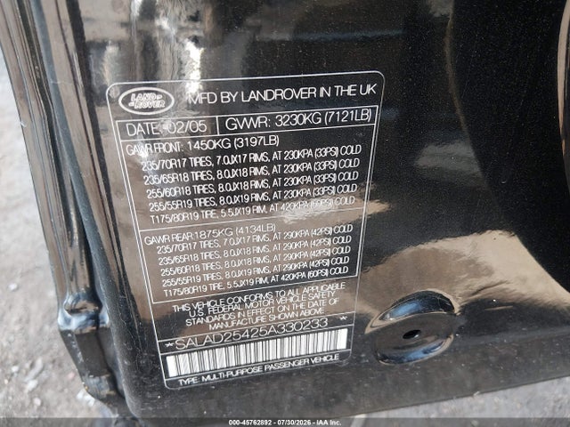 2005 Land Rover Lr3 Se მანქანა იყიდება აუქციონზე, vin: SALAD25425A330233, აუქციონის ნომერი: 45762892