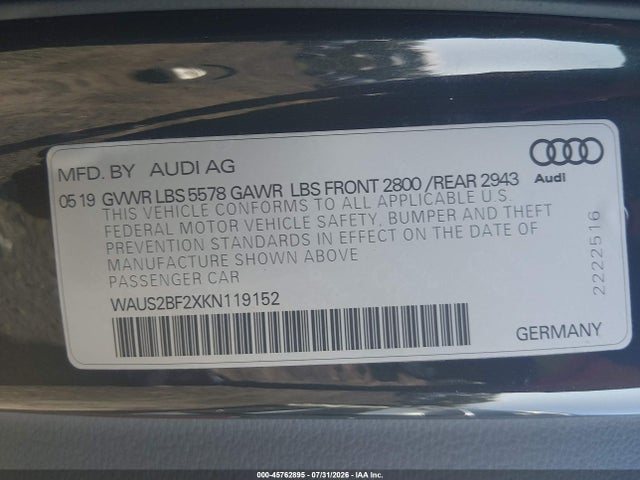 Aukcja sprzedaży 2019 Audi A7 55 Premium, vin: WAUS2BF2XKN119152, numer aukcji: 45762895