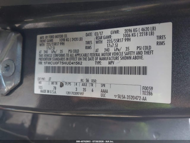 Продаж на аукціоні авто 2017 Ford Escape S, vin: 1FMCU0F75HUD41562, номер лоту: 45762903