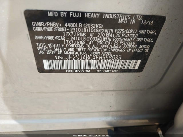Продаж на аукціоні авто 2015 Subaru Forester 2.5i, vin: JF2SJABCXFH558033, номер лоту: 45762910