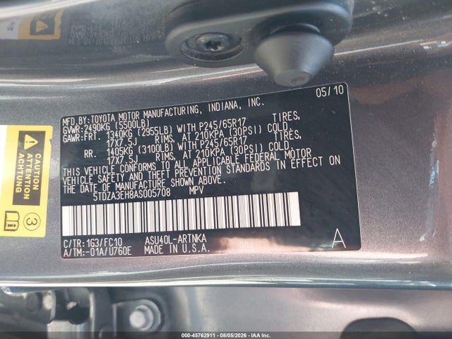 2010 Toyota Highlander მანქანა იყიდება აუქციონზე, vin: 5TDZA3EH8AS005708, აუქციონის ნომერი: 45762911