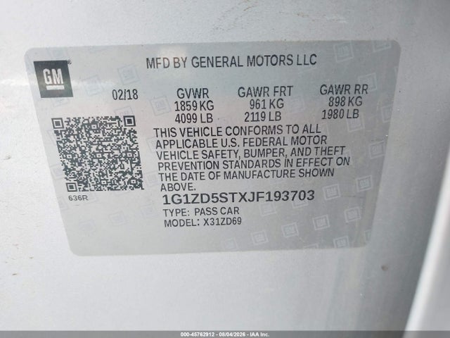2018 Chevrolet Malibu Lt მანქანა იყიდება აუქციონზე, vin: 1G1ZD5STXJF193703, აუქციონის ნომერი: 45762912