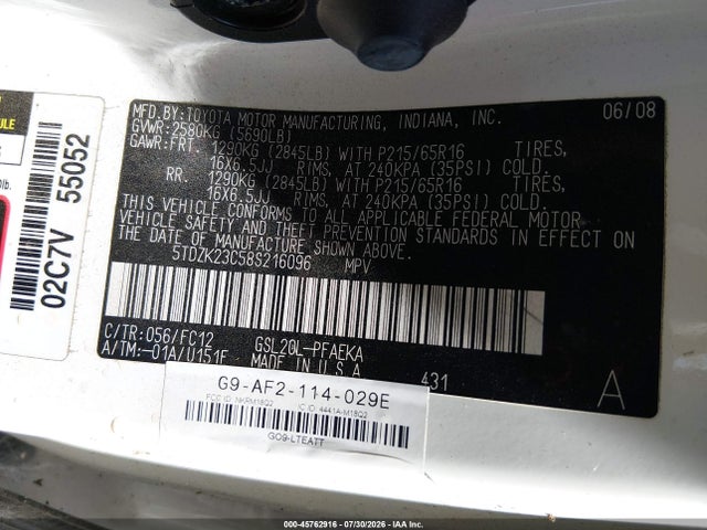 45762916 :رقم المزاد ، 5TDZK23C58S216096 vin ، 2008 Toyota Sienna Le مزاد بيع