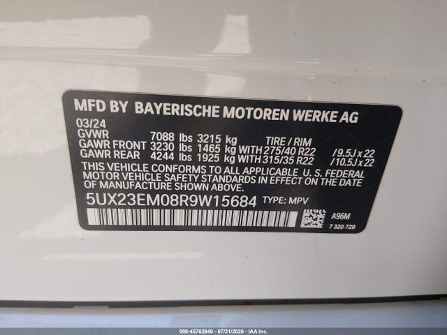 45762940 :رقم المزاد ، 5UX23EM08R9W15684 vin ، 2024 Bmw X7 Xdrive40i مزاد بيع