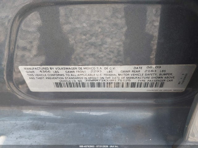Продажа на аукционе авто 2009 Volkswagen Jetta Se, vin: 3VWRM71KX9M175125, номер лота: 45762953