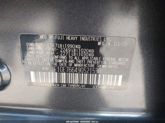 Aukcja sprzedaży 2009 Subaru Impreza Wrx, vin: JF1GE76649G521530, numer aukcji: 45762956