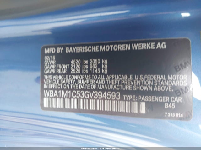 45762960 :رقم المزاد ، WBA1M1C53GV394593 vin ، 2016 Bmw M235i مزاد بيع
