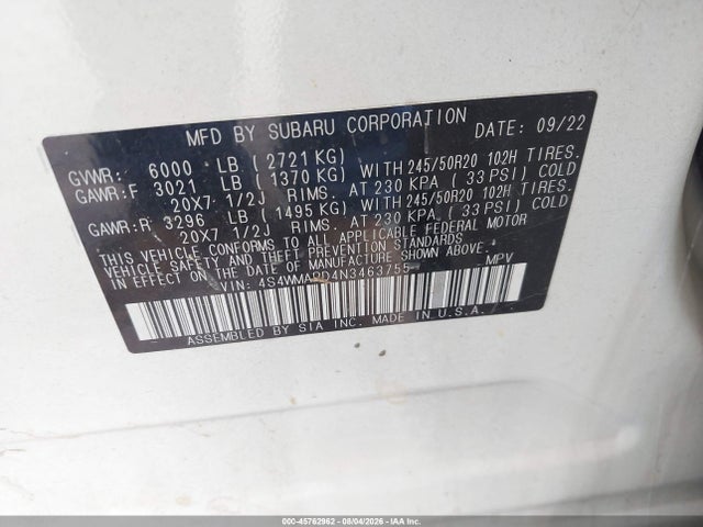 45762962 :رقم المزاد ، 4S4WMARD4N3463755 vin ، 2022 Subaru Ascent Touring مزاد بيع