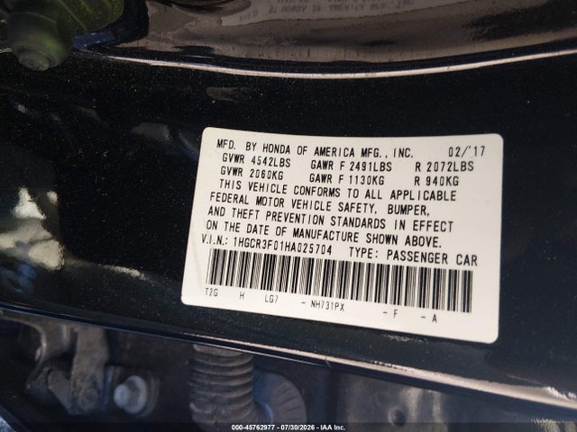 Продажа на аукционе авто 2017 Honda Accord Ex-l V6, vin: 1HGCR3F01HA025704, номер лота: 45762977