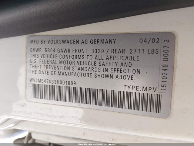Продажа на аукционе авто 2003 Volkswagen Eurovan Mv, vin: WV2MB47033H001899, номер лота: 45762984