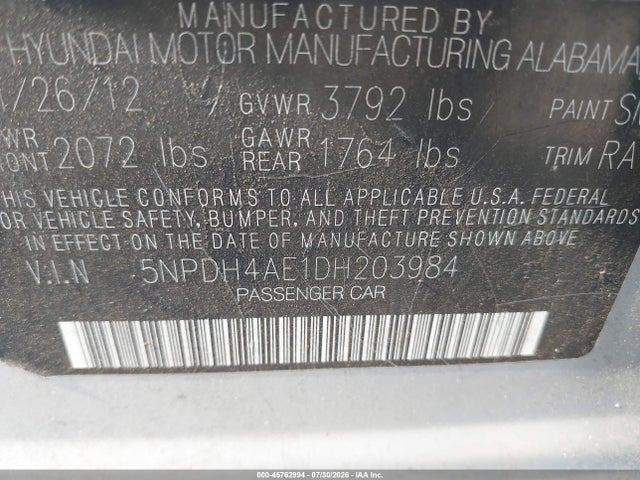 45762994 :رقم المزاد ، 5NPDH4AE1DH203984 vin ، 2013 Hyundai Elantra Limited مزاد بيع
