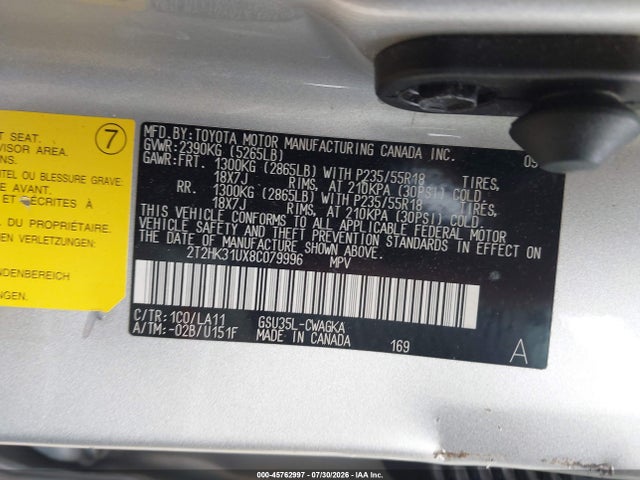 45762997 :رقم المزاد ، 2T2HK31UX8C079996 vin ، 2008 Lexus Rx 350 مزاد بيع