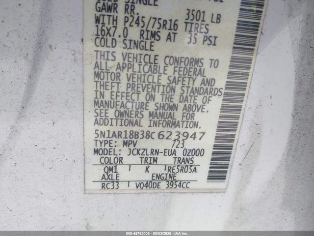 Aukcja sprzedaży 2008 Nissan Pathfinder S, vin: 5N1AR18B38C623947, numer aukcji: 45763008