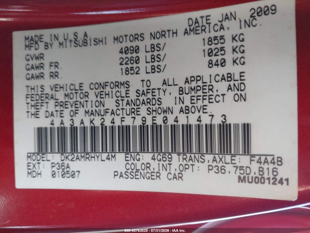 2009 Mitsubishi Eclipse Gs მანქანა იყიდება აუქციონზე, vin: 4A3AK24F79E041473, აუქციონის ნომერი: 45763020