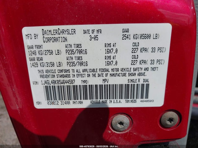Продажа на аукционе авто 2005 Jeep Liberty Sport, vin: 1J4GL48K85W644587, номер лота: 45763029