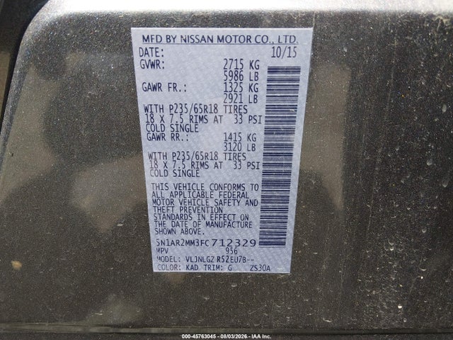 2015 Nissan Pathfinder Sl მანქანა იყიდება აუქციონზე, vin: 5N1AR2MM3FC712329, აუქციონის ნომერი: 45763045