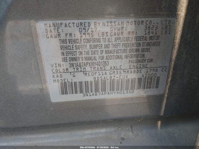 2017 Nissan Sentra S მანქანა იყიდება აუქციონზე, vin: 3N1AB7APXHY401353, აუქციონის ნომერი: 45763066