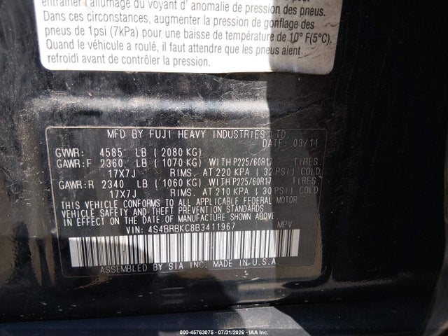 Продаж на аукціоні авто 2011 Subaru Outback 2.5i Limited, vin: 4S4BRBKC8B3411967, номер лоту: 45763075