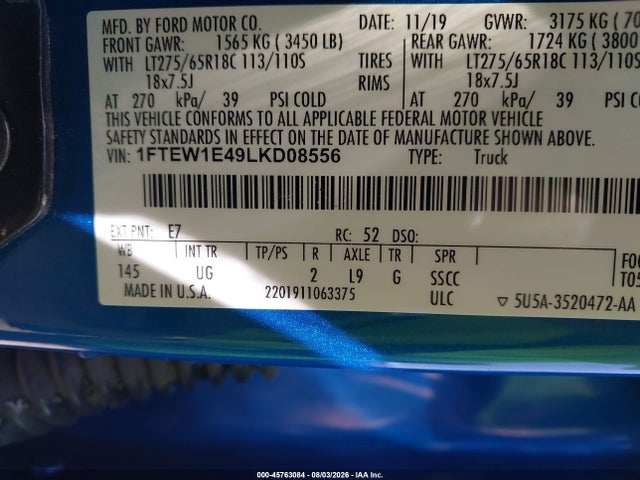 45763084 :رقم المزاد ، 1FTEW1E49LKD08556 vin ، 2020 Ford F-150 Xlt مزاد بيع
