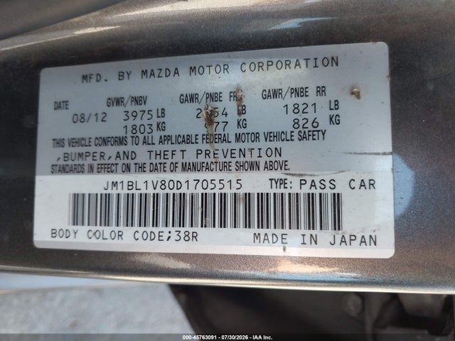 45763091 :رقم المزاد ، JM1BL1V80D1705515 vin ، 2013 Mazda Mazda3 I Touring مزاد بيع