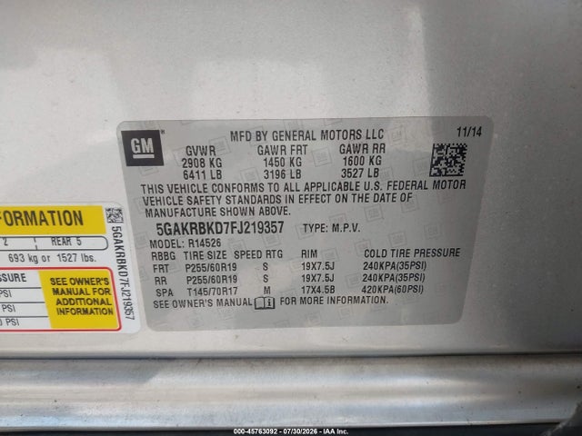 45763092 :رقم المزاد ، 5GAKRBKD7FJ219357 vin ، 2015 Buick Enclave Leather مزاد بيع