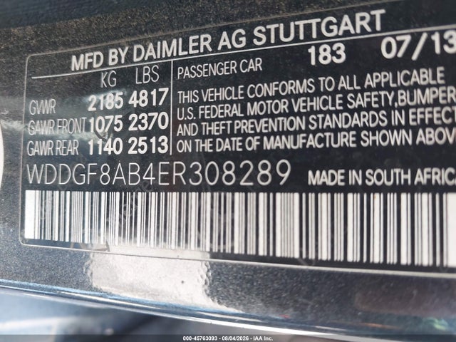 45763093 :رقم المزاد ، WDDGF8AB4ER308289 vin ، 2014 Mercedes-benz C 300 Sport 4matic مزاد بيع