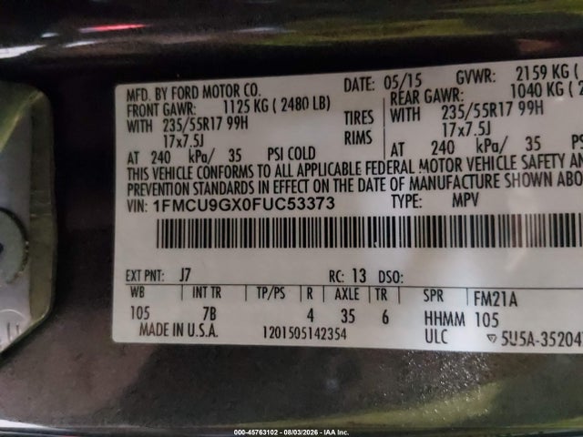 Продаж на аукціоні авто 2015 Ford Escape Se, vin: 1FMCU9GX0FUC53373, номер лоту: 45763102